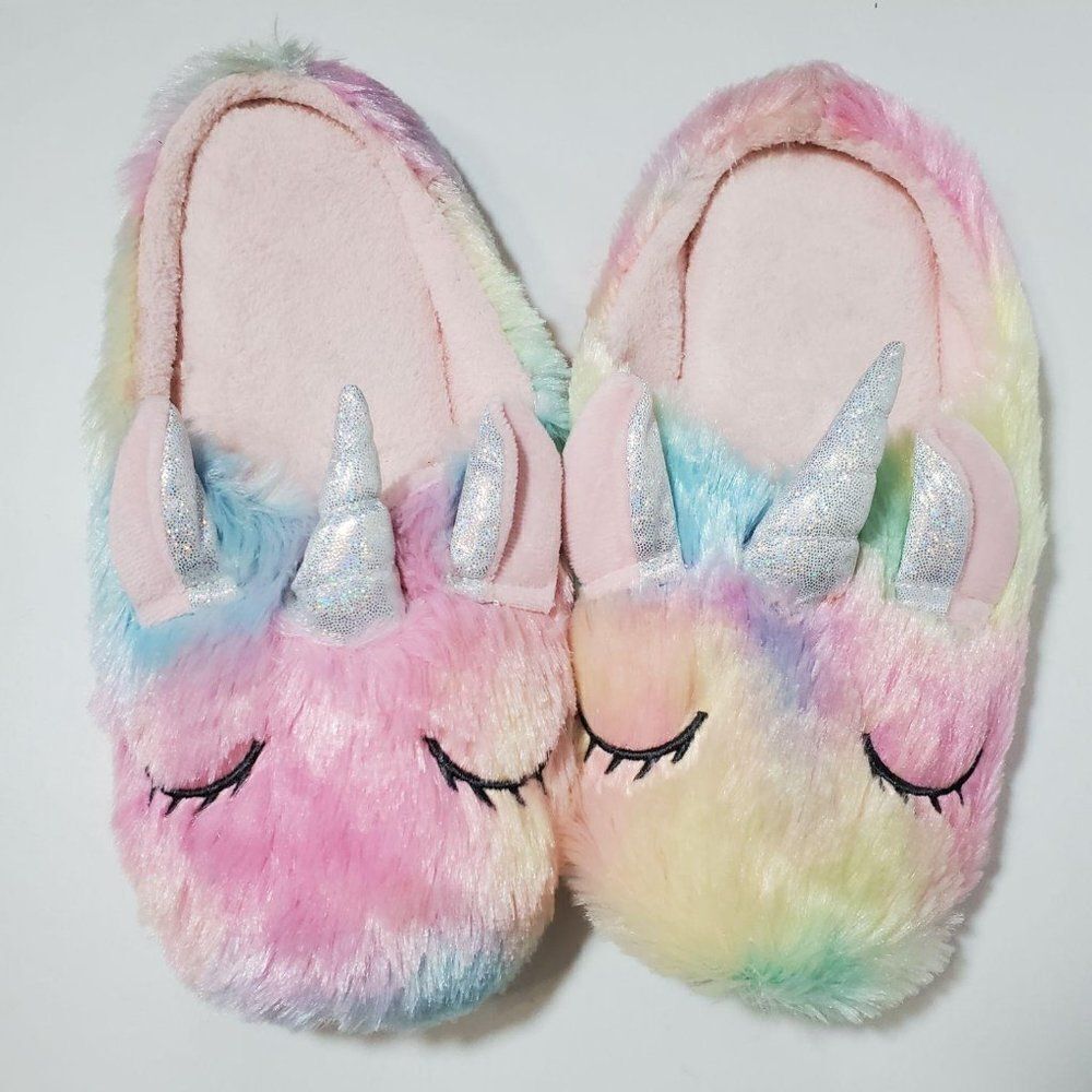 Sweet Dreams Rainbow Pastel Fuzzy Girly Sleeping Plush Unicorn House Slippers